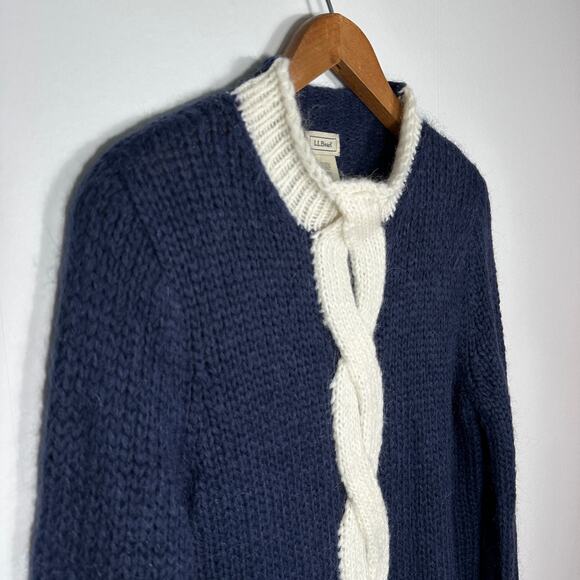 LL Bean Sweater Blue Cream Mohair Wool Cable Knit Roll Neck Twist Size Large - Picture 12 of 13